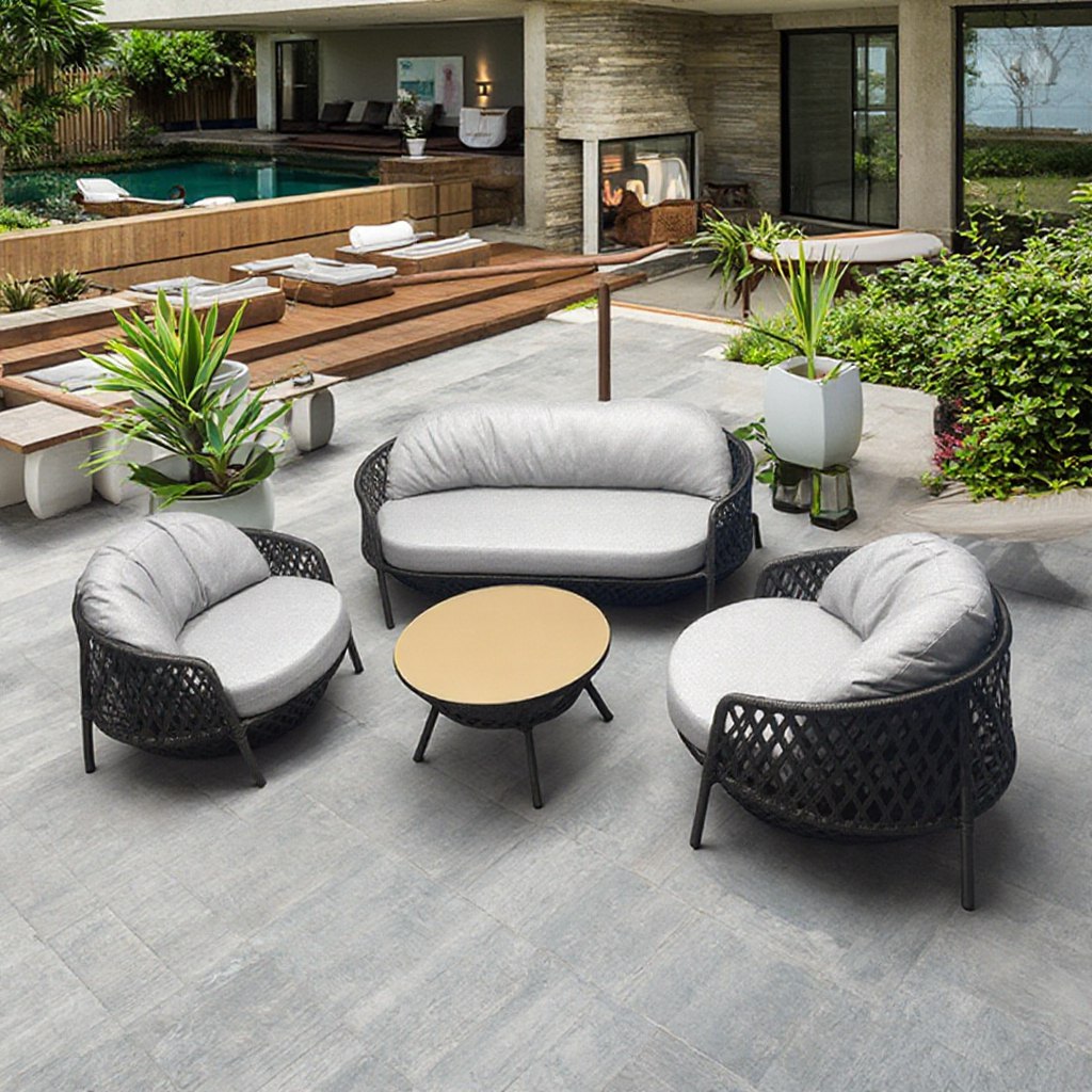 Bộ sofa sân vườn 4 món khung nhôm đan dây nhựa giả mây, nệm ghi sáng, bàn trà mặt kính, phong cách hiện đại ngoài trời