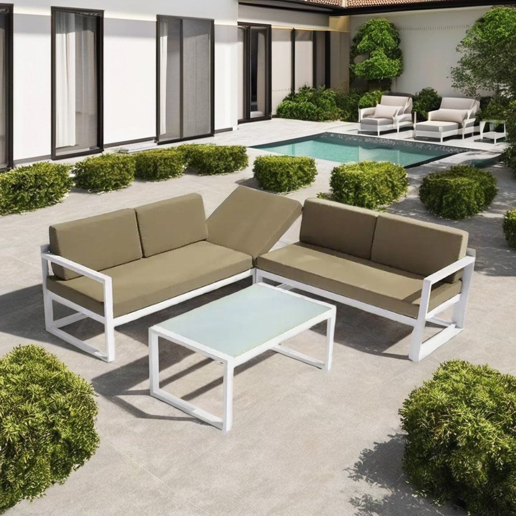 Bộ sofa sân vườn nhôm sơn tĩnh điện chữ L kèm bàn kính, đặt ngoài trời cạnh hồ bơi sang trọng