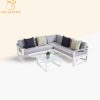Bộ sofa sân vườn góc L khung nhôm trắng, nệm ghi, bàn kính cường lực hiện đại