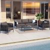 Bộ sofa sân vườn nhôm đan dây rope màu xám đậm, gồm sofa dài, 2 ghế đơn và bàn trà, đặt cạnh hồ bơi sang trọng