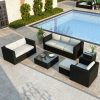 Bộ sofa sân vườn giả mây 5 món màu đen, nệm trắng kem, đặt cạnh hồ bơi sang trọng