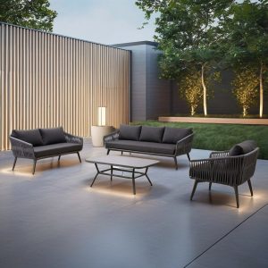 Bộ sofa sân vườn khung nhôm dây rope hiện đại gồm 4 món, bối cảnh ngoài trời sang trọng