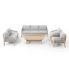 Bộ sofa sân vườn gỗ teak 4 món hiện đại, nệm màu ghi, phù hợp ngoài trời