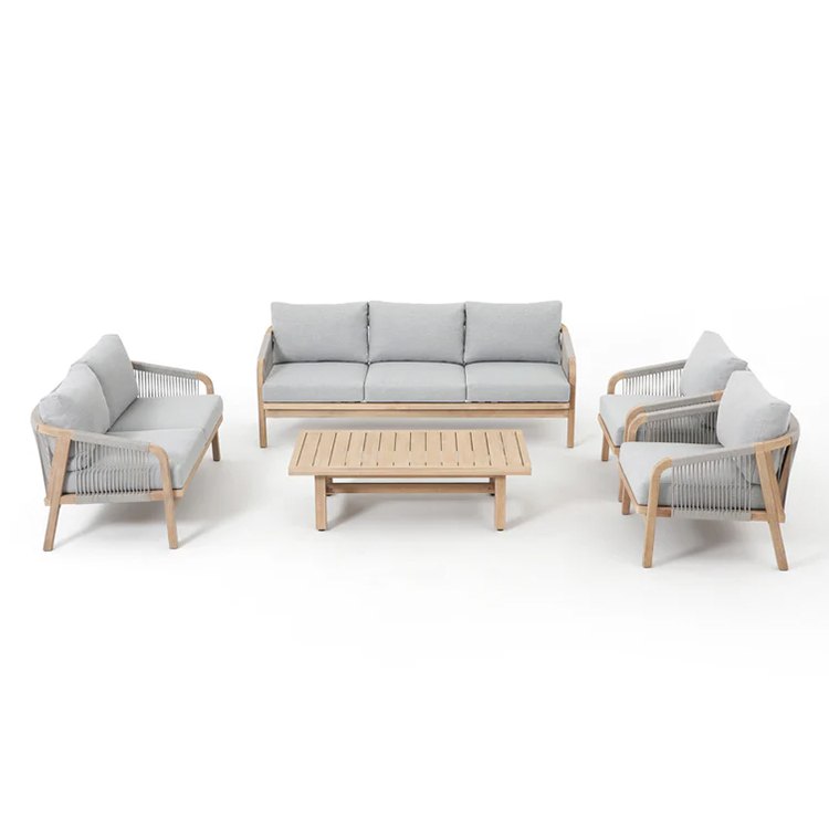 Bộ sofa sân vườn gỗ teak 4 món hiện đại, nệm màu ghi, phù hợp ngoài trời