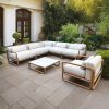 Bộ sofa sân vườn góc L khung nhôm giả gỗ, nệm ghi sáng, bàn trà mặt kính đá, đặt ngoài trời sang trọng