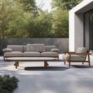 Bộ sofa sân vườn gỗ teak gồm sofa dài, ghế đơn và bàn trà mặt đá, nệm vải họa tiết xám sang trọng