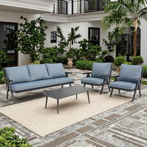 Bộ sofa sân vườn 4 món khung nhôm, nệm xanh ghi, phong cách hiện đại đặt ngoài trời sang trọng