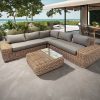 Bộ sofa sân vườn góc L nhựa giả mây khung nhôm, nệm ghi, bàn trà kính ngoài trời cao cấp