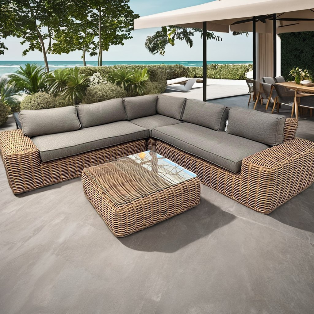 Bộ sofa sân vườn góc L nhựa giả mây khung nhôm, nệm ghi, bàn trà kính ngoài trời cao cấp