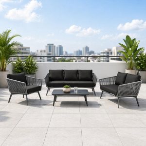 Bộ sofa sân vườn hiện đại 4 món khung nhôm dây rope màu xám, nệm đen, đặt ngoài trời ban công
