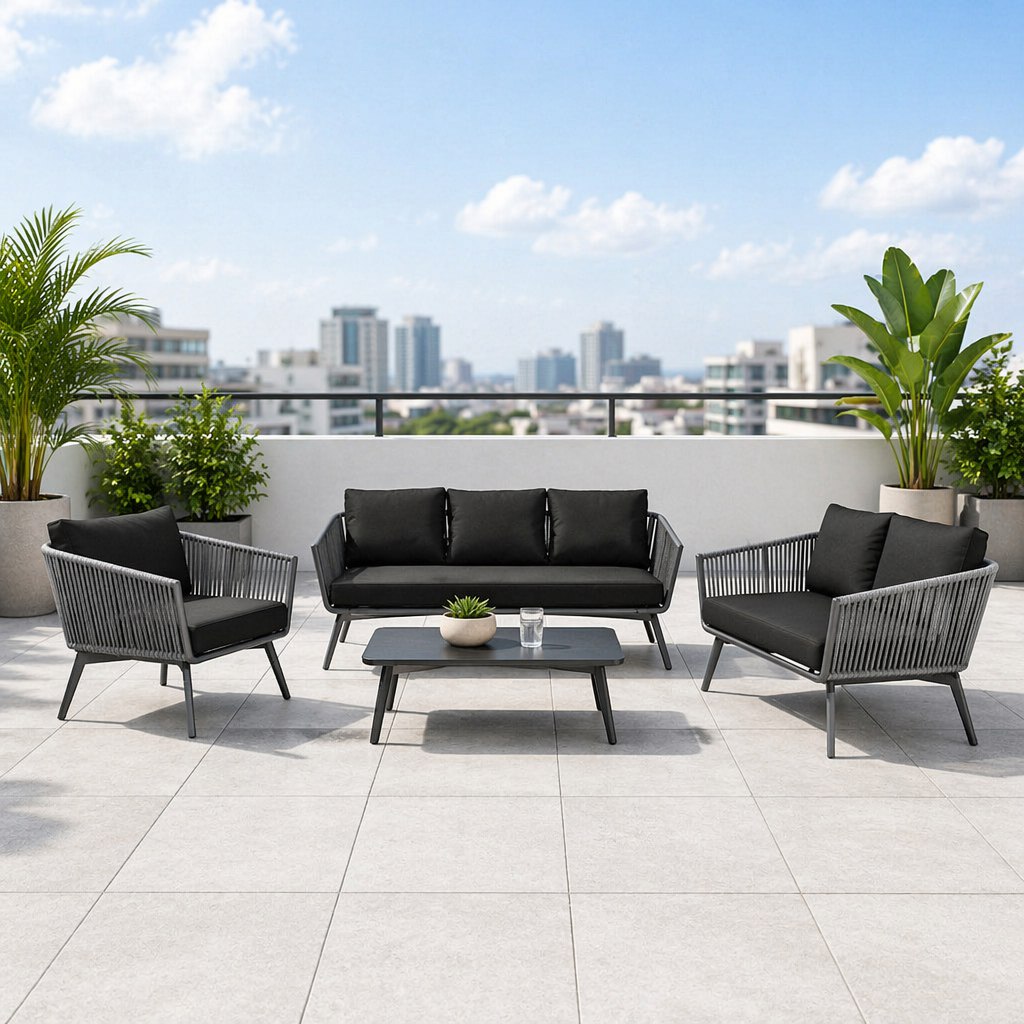 Bộ sofa sân vườn hiện đại 4 món khung nhôm dây rope màu xám, nệm đen, đặt ngoài trời ban công