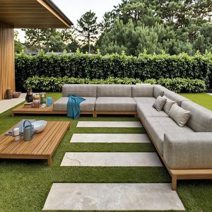 Bộ sofa góc L ngoài trời khung gỗ teak, nệm vải ghi, kèm bàn trà sân vườn sang trọng