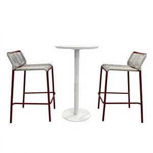 Bộ 2 ghế bar ngoài trời khung đỏ dây đan ghi và bàn tròn cao màu trắng, phong cách hiện đại
