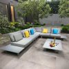 Bộ sofa sân vườn nhôm góc L hiện đại, nệm xám, gối vàng xanh nổi bật ngoài trời