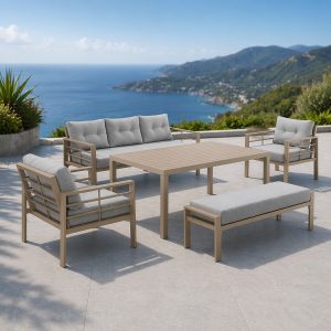 Bộ sofa sân vườn nhôm sơn tĩnh điện màu be, nệm ghi, đặt ngoài trời view biển sang trọng