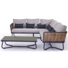 Bộ sofa sân vườn góc L khung nhôm đan mây, nệm ghi xám, bàn trà mặt kính
