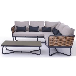 Bộ sofa sân vườn góc L khung nhôm đan mây, nệm ghi xám, bàn trà mặt kính