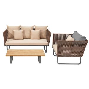 Bộ sofa sân vườn dây rope khung nhôm 4 món hiện đại, nệm kem, bàn gỗ