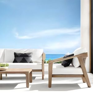 Bộ sofa sân vườn 4 món hiện đại, khung gỗ, nệm trắng, view biển sang trọng