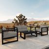 Bộ sofa sân vườn khung nhôm sơn tĩnh điện, nệm màu ghi, gồm 1 sofa đôi, 2 ghế đơn và 1 bàn trà, đặt ngoài trời sang trọng