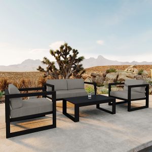 Bộ sofa sân vườn khung nhôm sơn tĩnh điện, nệm màu ghi, gồm 1 sofa đôi, 2 ghế đơn và 1 bàn trà, đặt ngoài trời sang trọng