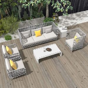 Bộ sofa sân vườn dây rope hiện đại, phối màu xám vàng, đặt ngoài trời sang trọng