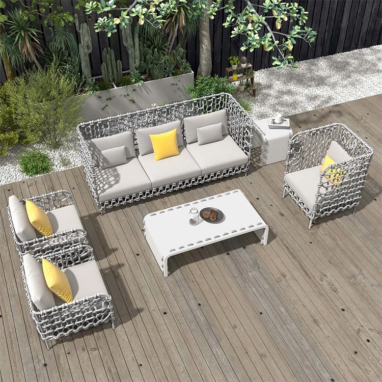 Bộ sofa sân vườn dây rope hiện đại, phối màu xám vàng, đặt ngoài trời sang trọng