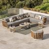 Bộ sofa sân vườn góc L khung nhôm gỗ teak, nệm ghi, bàn trà ngoài trời hiện đại
