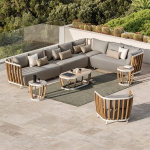 Bộ sofa sân vườn góc L khung nhôm gỗ teak, nệm ghi, bàn trà ngoài trời hiện đại