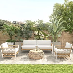 Bộ sofa sân vườn khung nhôm đan dây rope, nệm trắng, bàn tròn mây nhựa ngoài trời