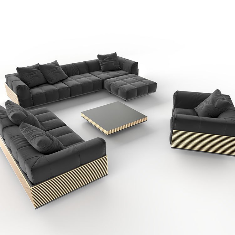 Bộ sofa sân vườn góc L hiện đại màu đen, khung nan gỗ, gồm bàn trà vuông