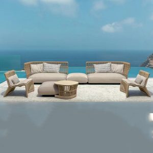 Bộ sofa sân vườn khung nhôm đan dây rope cao cấp, gồm 2 sofa đôi, 2 ghế đơn, 1 bàn trà, phong cách hiện đại ngoài trời