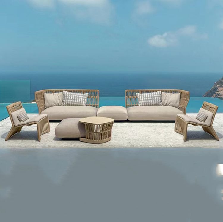 Bộ sofa sân vườn khung nhôm đan dây rope cao cấp, gồm 2 sofa đôi, 2 ghế đơn, 1 bàn trà, phong cách hiện đại ngoài trời