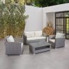 Bộ sofa sân vườn 4 món khung nhôm giả mây xám, nệm trắng kem, đặt ngoài trời sang trọng