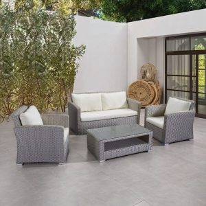 Bộ sofa sân vườn 4 món khung nhôm giả mây xám, nệm trắng kem, đặt ngoài trời sang trọng