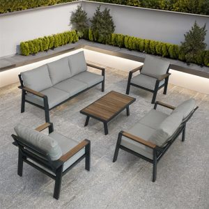 Bộ sofa sân vườn khung nhôm, nệm ghi, bàn trà mặt gỗ, phong cách hiện đại ngoài trời