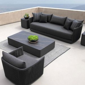 Bộ sofa sân vườn hiện đại khung nhôm, nệm xám đậm, bàn trà mặt giả đá sang trọng ngoài trời