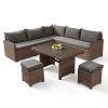 Bộ sofa sân vườn giả mây góc L hiện đại, nệm ghi, bàn kính cường lực