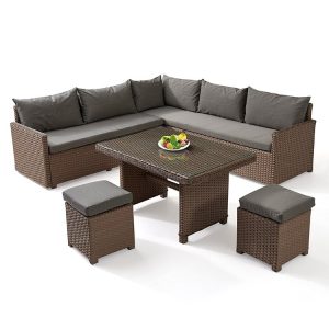 Bộ sofa sân vườn giả mây góc L hiện đại, nệm ghi, bàn kính cường lực