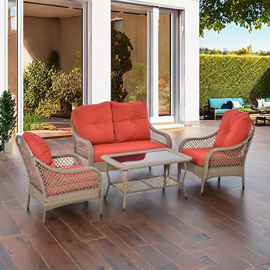 Bộ sofa sân vườn 4 món giả mây nệm đỏ cam đặt ngoài trời sang trọng