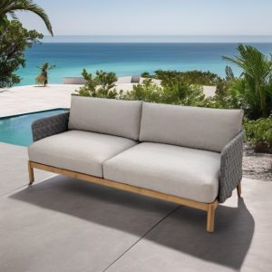 Sofa sân vườn 3 chỗ khung gỗ teak, dây rope đan tay, nệm ghi sáng đặt ngoài trời sang trọng