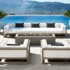 Bộ sofa sân vườn gỗ teak nệm trắng hiện đại bên hồ bơi, gồm sofa dài, 2 ghế đơn và bàn trà vuông dài