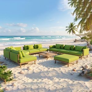 Bộ sofa sân vườn góc L màu xanh lá đặt ngoài bãi biển, khung nhôm giả gỗ, nệm dày êm ái