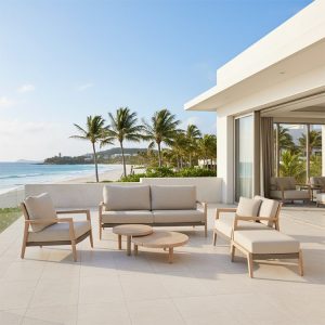 Bộ sofa sân vườn gỗ teak hiện đại 4 món đặt ngoài trời cạnh biển sang trọng