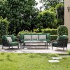 Bộ sofa sân vườn 4 món khung nhôm, đan dây rope, nệm xanh lá, đặt ngoài trời sang trọng