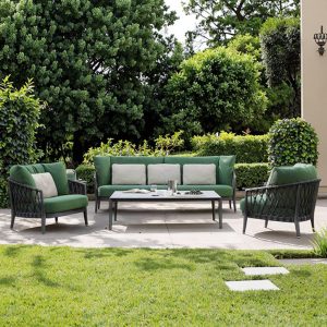 Bộ sofa sân vườn 4 món khung nhôm, đan dây rope, nệm xanh lá, đặt ngoài trời sang trọng