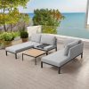 Bộ sofa sân vườn khung nhôm hiện đại, nệm xám, bàn trà mặt gỗ, đặt ngoài trời view biển