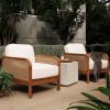 Bộ ghế sofa sân vườn 4 món khung gỗ teak, nệm trắng, bàn trà nhỏ ngoài trời