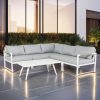 Bộ sofa sân vườn góc chữ L hiện đại, nệm màu ghi, khung nhôm trắng, đặt ngoài trời sang trọng