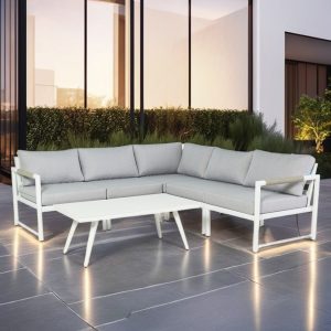 Bộ sofa sân vườn góc chữ L hiện đại, nệm màu ghi, khung nhôm trắng, đặt ngoài trời sang trọng